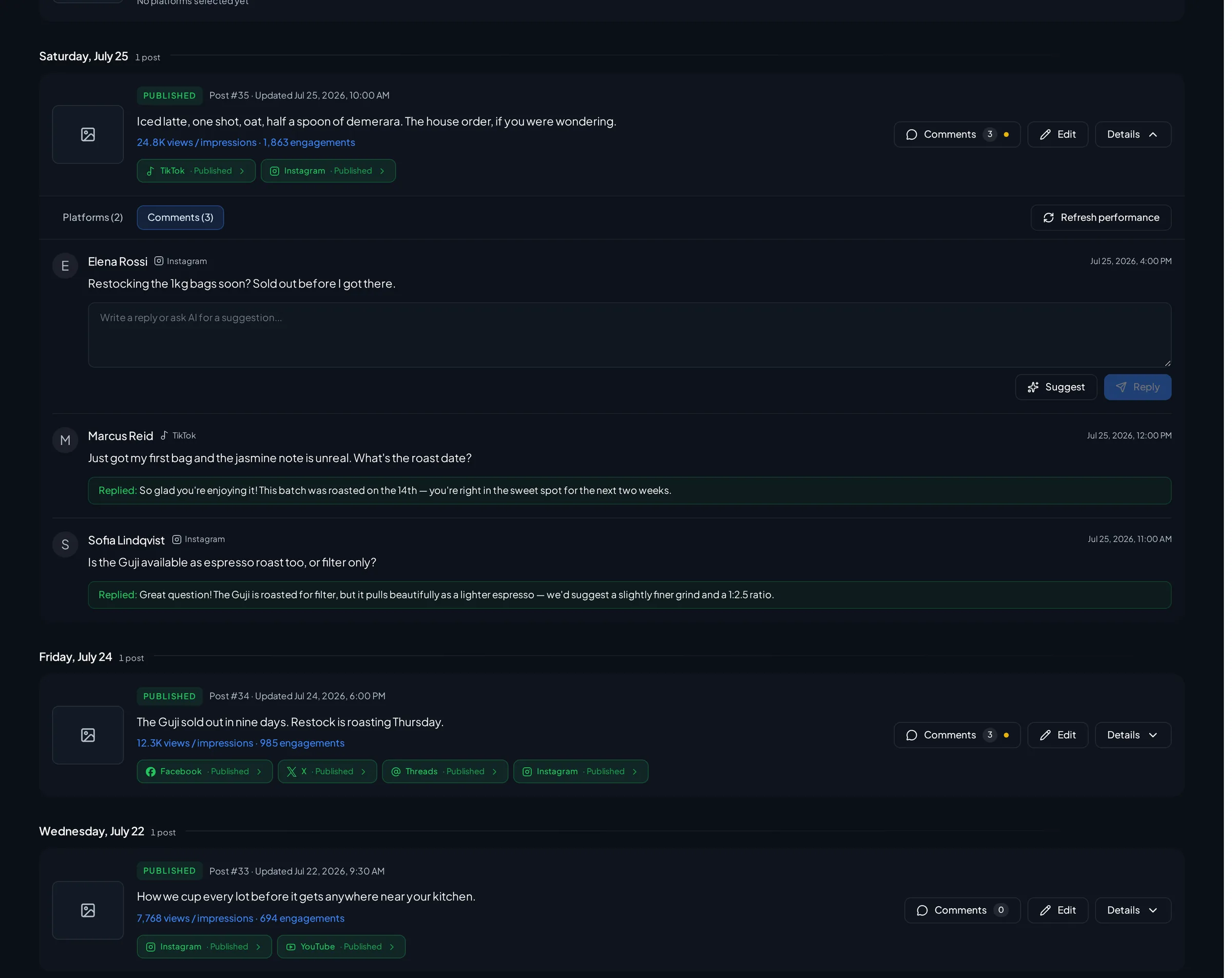 Per-destination publish status for the launch post, each channel on its own row